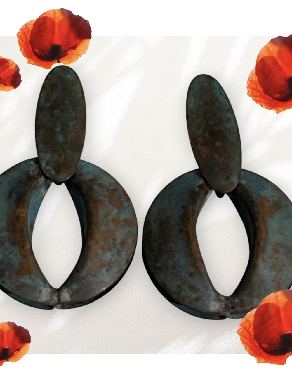 Vintage Bohemian Statement Hoop Drop Earrings Artisan Patina Turquoise and Gold